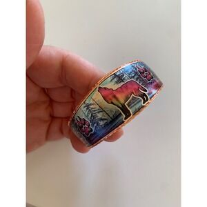 Copper Wolf Howling Forest Cuff Bracelet Multi Color Enamel Paw Prints‎